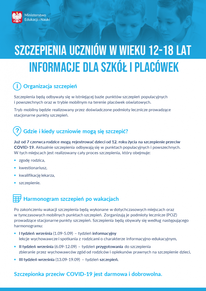 Szczepienia uczniów w wieku 12-18 lat
